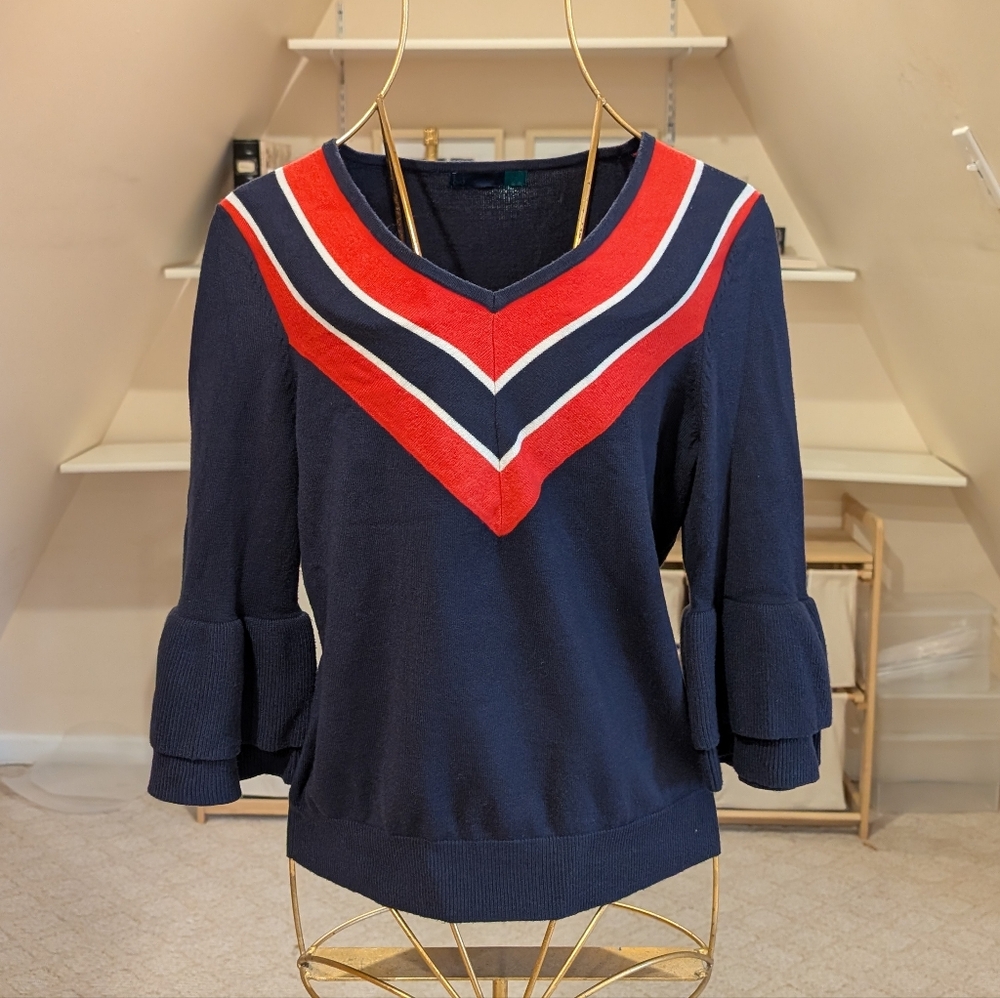 AVA V Neck Navy Sweater with Red and White Chevron, Size L, Ruffle Sleeves